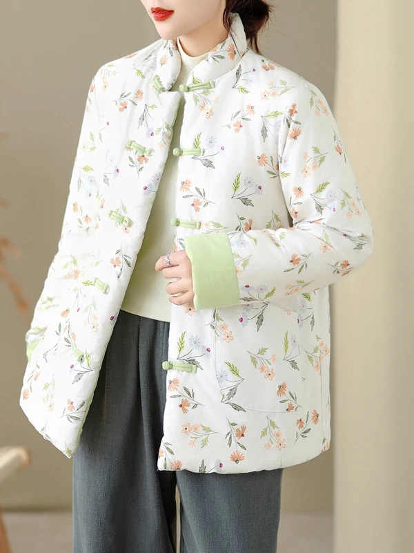 Authentic 2025 Floral Cotton Jaet Autumn Winter Warm Loose Chinese Sle Cotton Coat Thiened Long Sve Stand Collar Coat