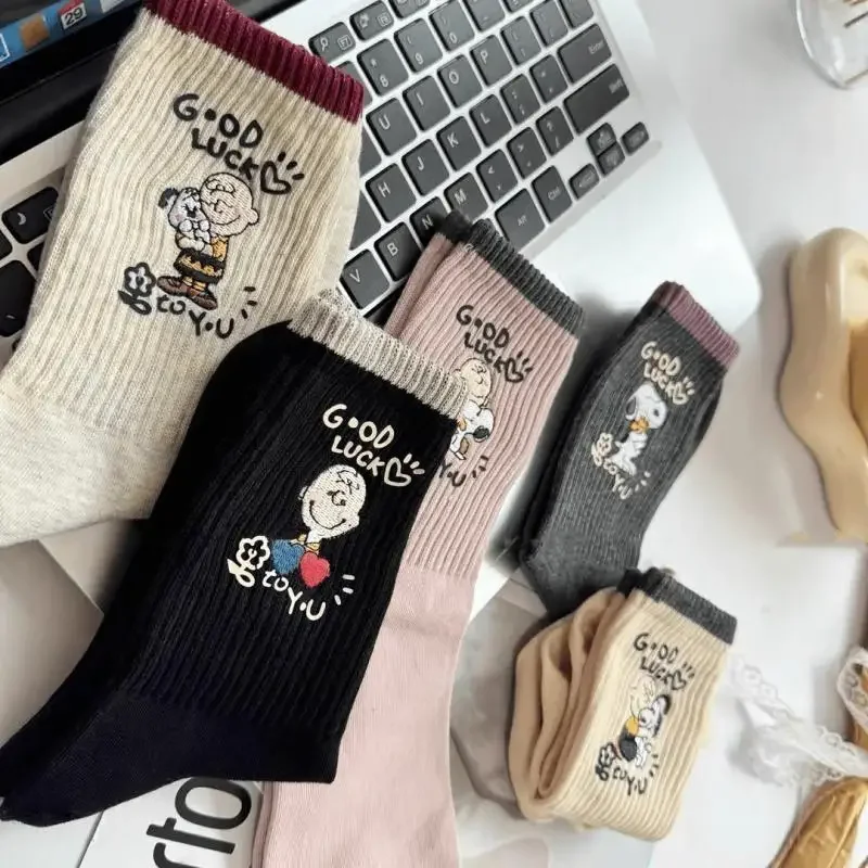 Snoopy Cartoon Contrast Edge Four Seasons Warm Velvet Thick Fleece Socks Multicolor Embroidery Mid Socks Girl Cotton Socks Gift