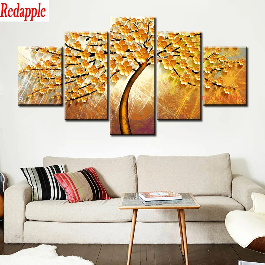 5 Panels Abstract Gold Tree 5D Diamond Painting Rich lucky money tree DIY,Round Diamond Embroidery,Cross Stitch,Mosaic Sale,gift