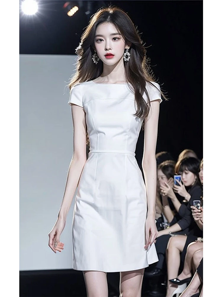

Summer New Sle Simple Ele Design Slimming White Waist-Cinching Dr Korean Version Commute Wind A-Line Skirt Dr