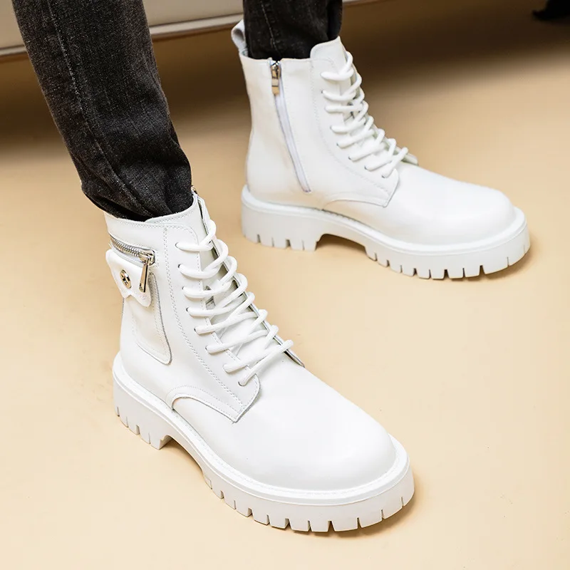 

Мужские роскошные модные ботинки из натуральной кожи, черно-белые брендовые дизайнерские туфли, ковбойские ботинки на платформе, красивые мотоциклетные ботильоны