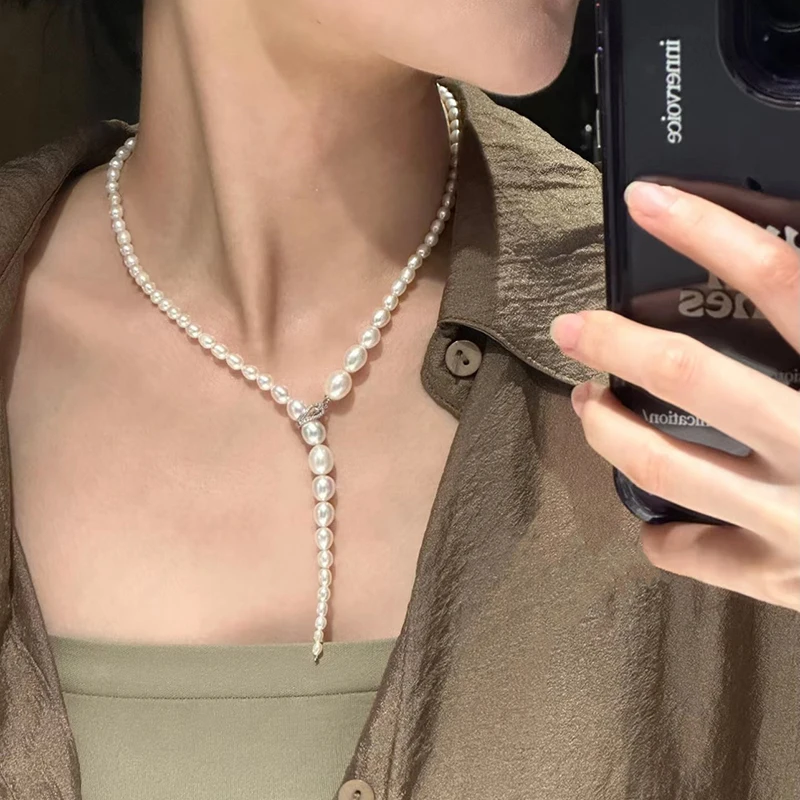 3-7mm Natural Pearl Gradient Coat Chain Gift for Women Real Pearl Beads Sexy Sweater Necklace for Fall 50cm with Universal Clasp