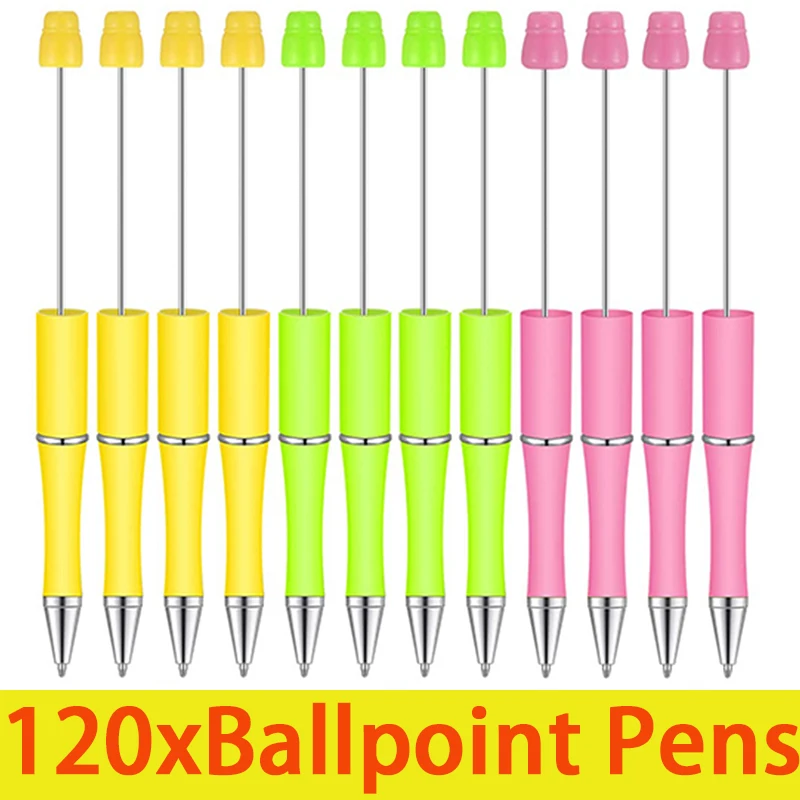 120Pcs Plastic Beadable Pen Bead Pen Black Ink Ballpoint Pens DIY Pens for DIY Making Gift Office Supplies