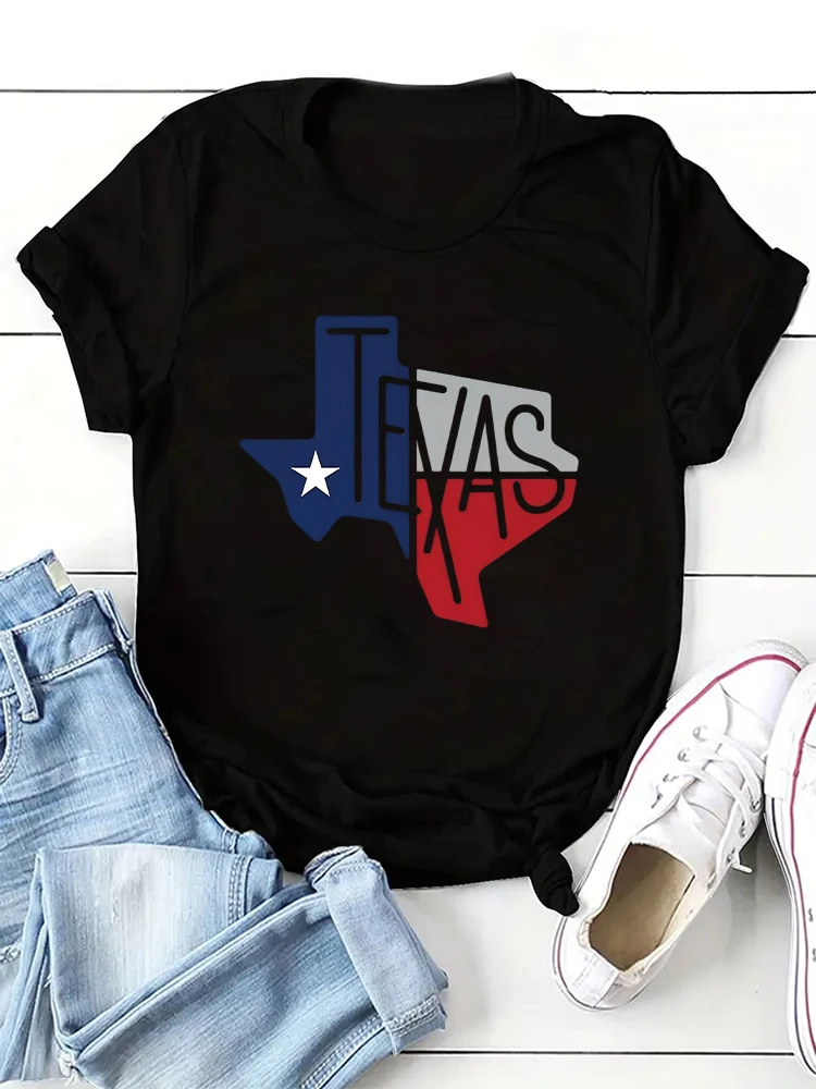 Texas Flag Print T-shirt Fun Street Simple Retro Women's T-shirt Fashion Casual Summer Top 2024 New Harajuku