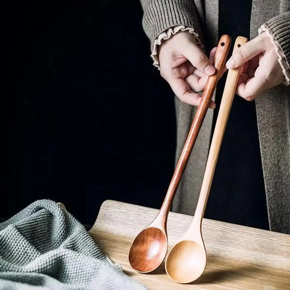 1/2/3/6pcs Wooden Spoon Long Handle Natural Wood Kitchen Utensil Salad Pasta Stirring Spoon Cooking Serving Home Chef Tools