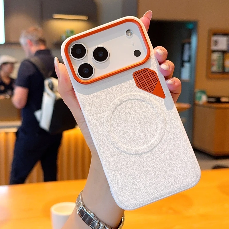 

Магнитный кожаный чехол для телефона с рассеиванием тепла для IPhone Air 17 Pro Max 16 15 Plus, металлический противоударный чехол с беспроводной зарядкой