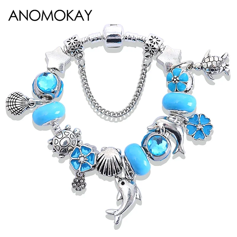 Blue Ocean Style Dolphin Turtle Diy Bead Bracelet Silver Color Animal Charm Bracelets & Bangles for Gift