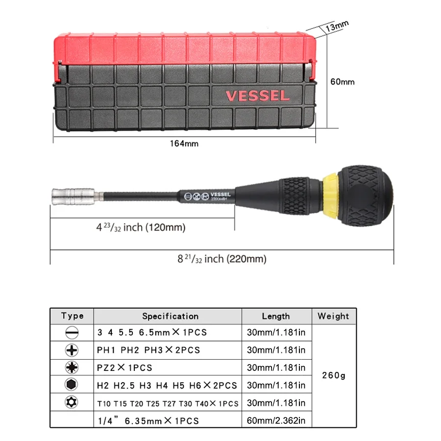 VESSEL N0.2200MBH31 Ball Grip Ratchet Screwdriver Set with Replaceable Screwdriver Bit Set Hand Tools