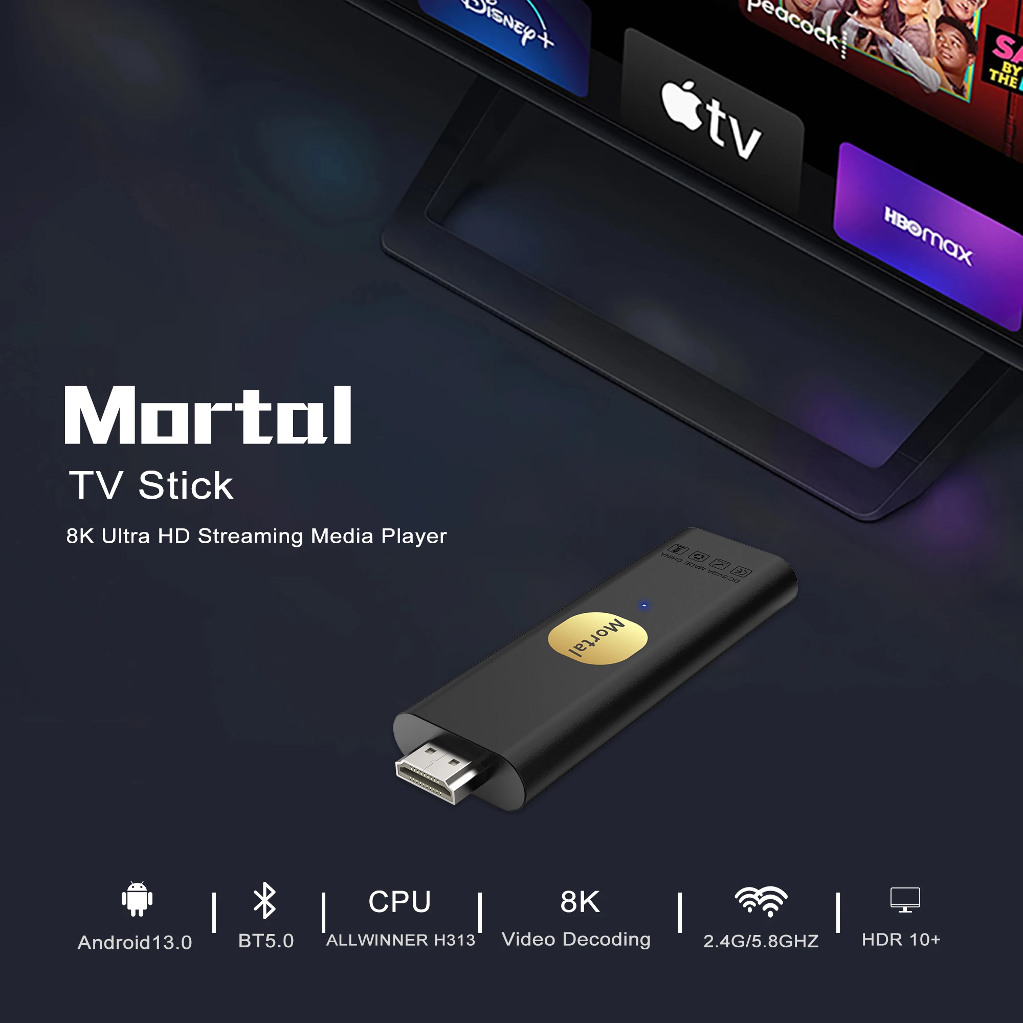 Mortal T5 TV Stick Android 13.0 Allwinner H313 Voice Control Quad Core Cortex A53 Google System BT5.0 4K HDR10+WIFI Media Player