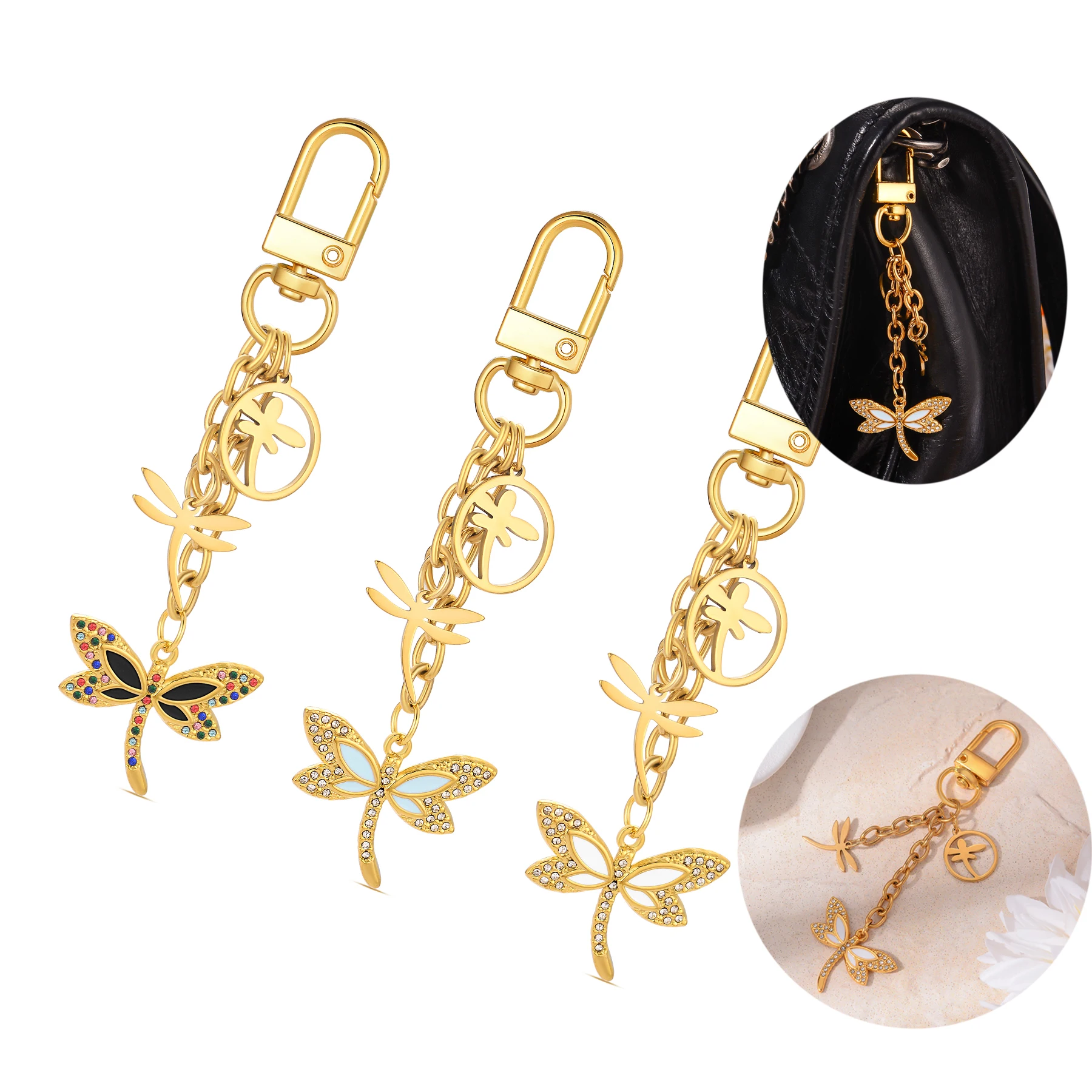 2PCS Cute Enamel Dragonfly Charm Stainless Steel Key Chain Handbag Earphone Box For Women's Exquisite Accessories Jewelry Gifts