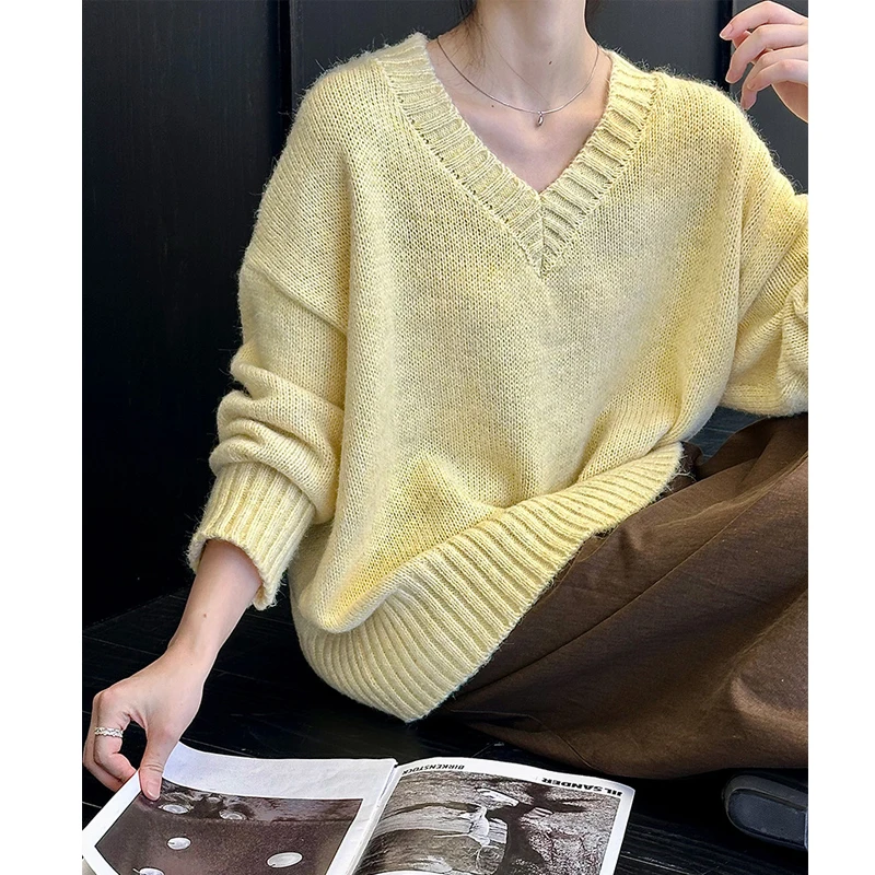 2024 Women Autumn Knitted V-Neck Cardigans Sweater Coat Loose Long Sleeve Women Pink Sweater Tops Winter Clothes