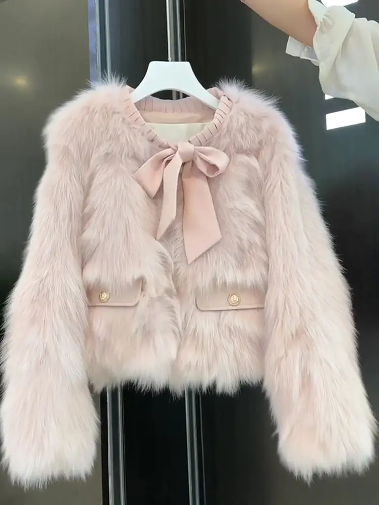 

Fluffy Jacket Winter Ladies Korean Long Sleeve Design Furry Short Outerwears Faux Fur Coat Women Fashion Elegant Bow