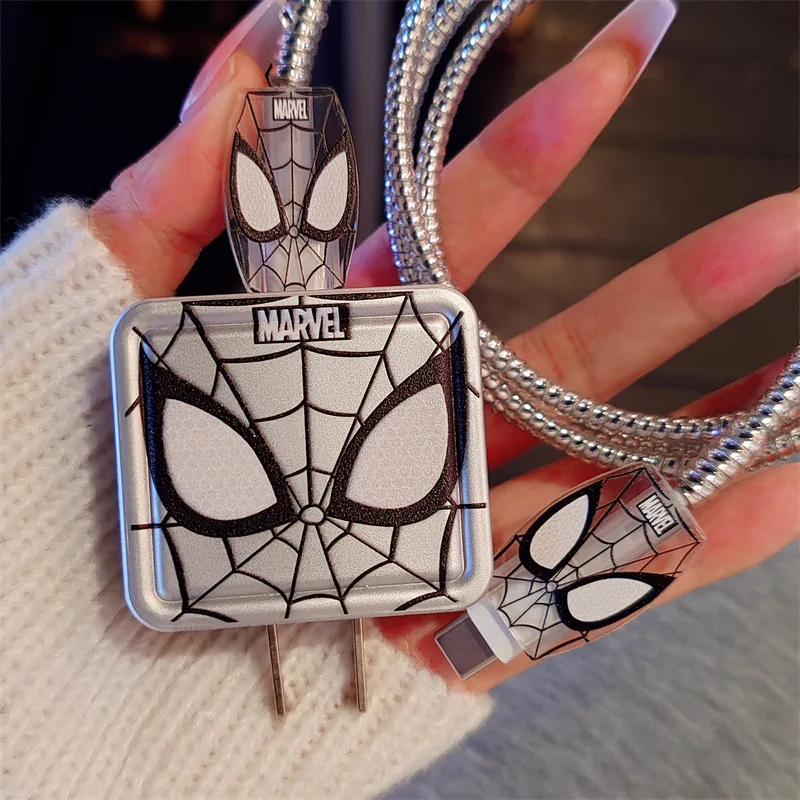 4Pcs/set Spiderman Silver Charger Cable Protector for Iphone / iPad 18W/20W Charger Protective Cover Case USB Date Cable Wider