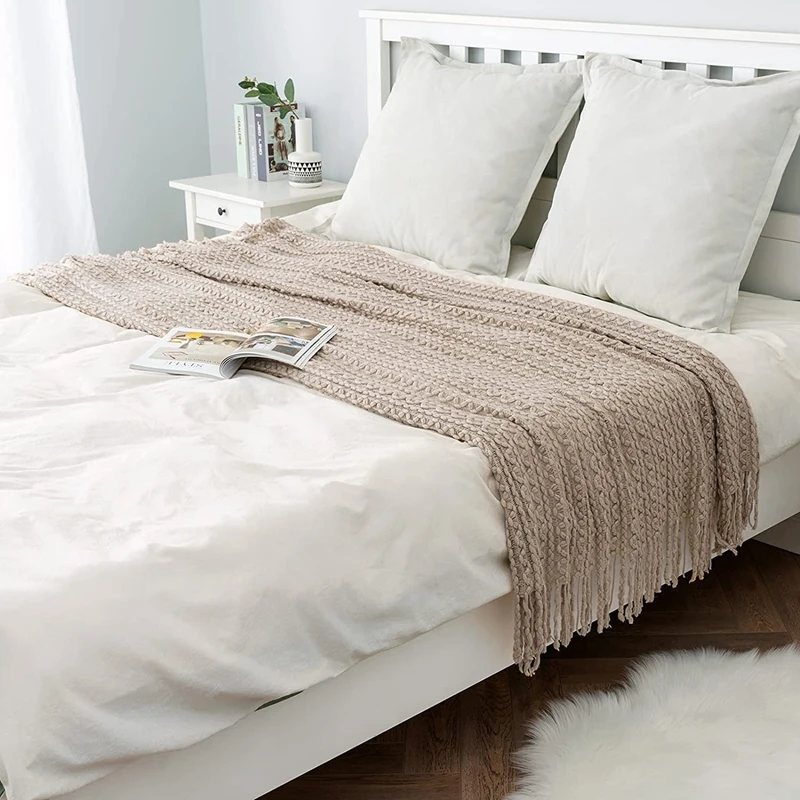 Khaki Knitted Lightweight Blanket with Tassel Sofa Cover Throw for Office Air Conditioning Bay Window Summer Nap Couch