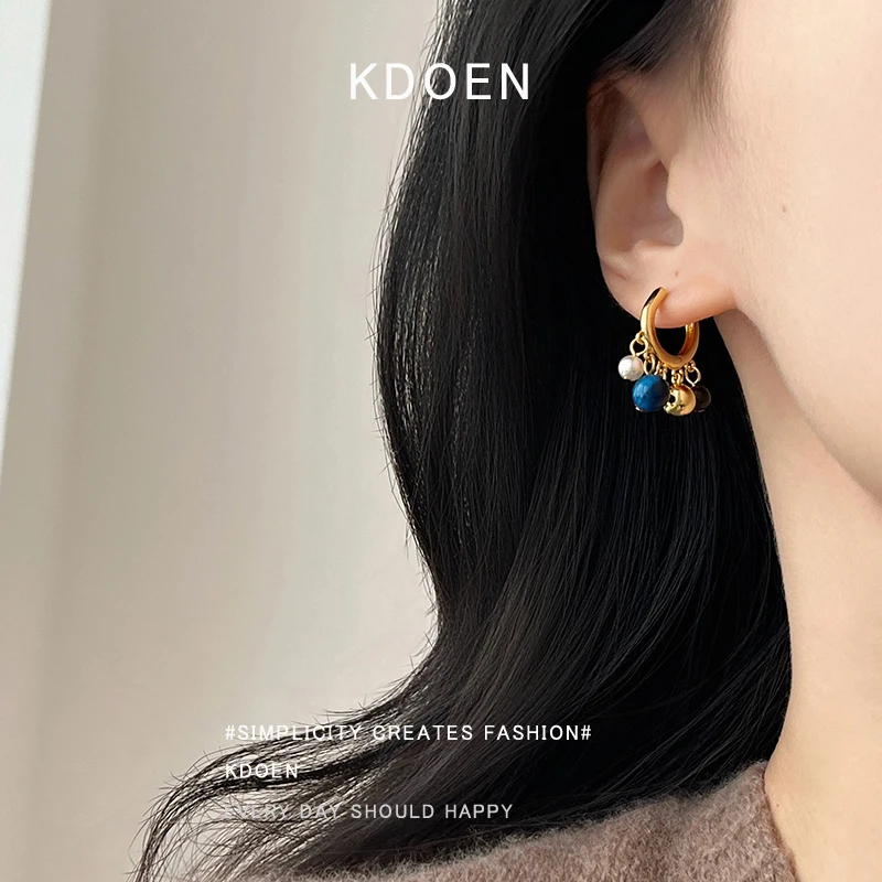 New Chinese Style Color Collision Natural Stone Beaded Earrings Autumn Winter Vintage High-End Feelings Ear Cuff for Women