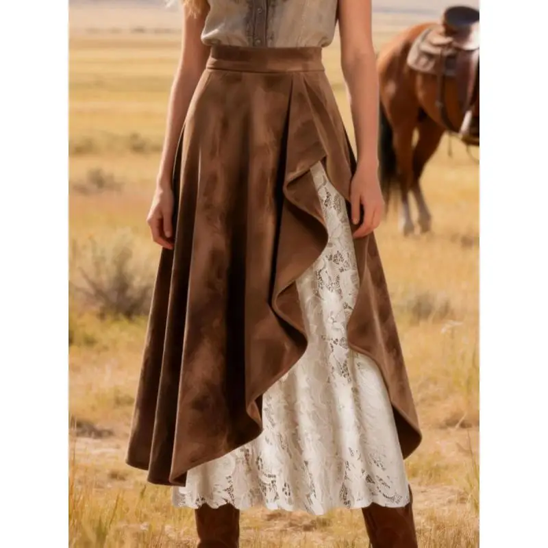 Women Western Vintage Suede Skirt High Waist Asymmetrical Ruffle Lace Patchwork  Skirt Boho A Line Casual Party Skirt