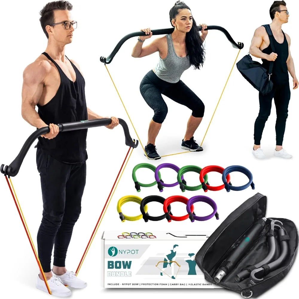 

Workout Bow & Portable Home Gym Equipment - Resistance Bands with Bar for Home Workout Equipment Men & Women All