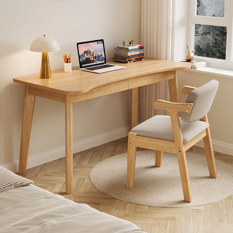 Solid Wood Desk Office Computer Desk Modern Simple Bedroom Student Writing Table Household Curved with Pumping Table