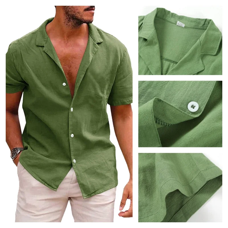 

Cotton Linen Hot Sale Men's Short-Sleeved Shirts Summer Solid Color Turn-down collar Casual Beach Style Plus Size