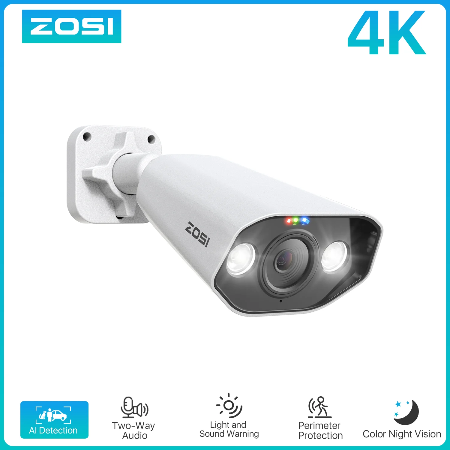 ZOSI 4K IP Camera Add-on PoE Security Camera Two Way Audio 8MP Ultra HD Color Night Vision Home CCTV  Video Surveillance Camera