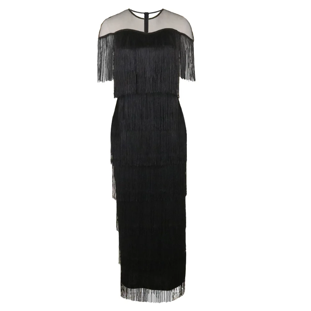 Curvy Bright Green Multi Tier Tassel Dress Ladies Sheer Yoke Short Sleeve Side Slit Church Wedding Cocktail Outfit view 5