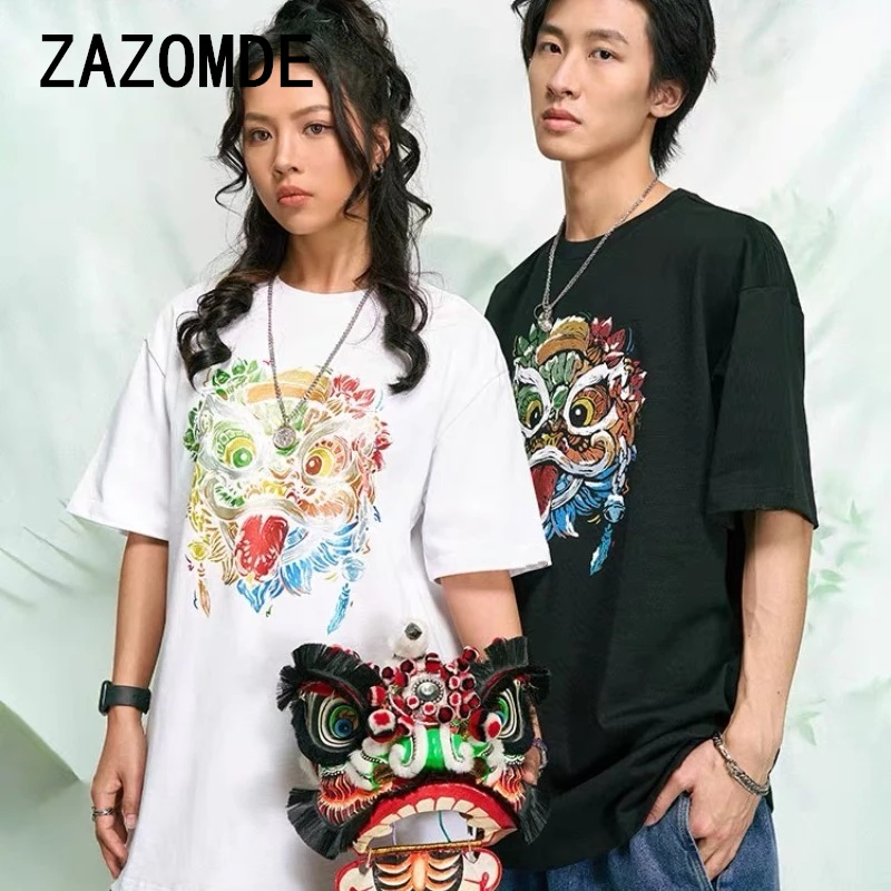 ZAZOMDE Summer Cotton Chinese Style Colorful Lion Short Sleeve T-shirt Streetwear Harajuku Vintage T Shirt Couple Clothing Daily