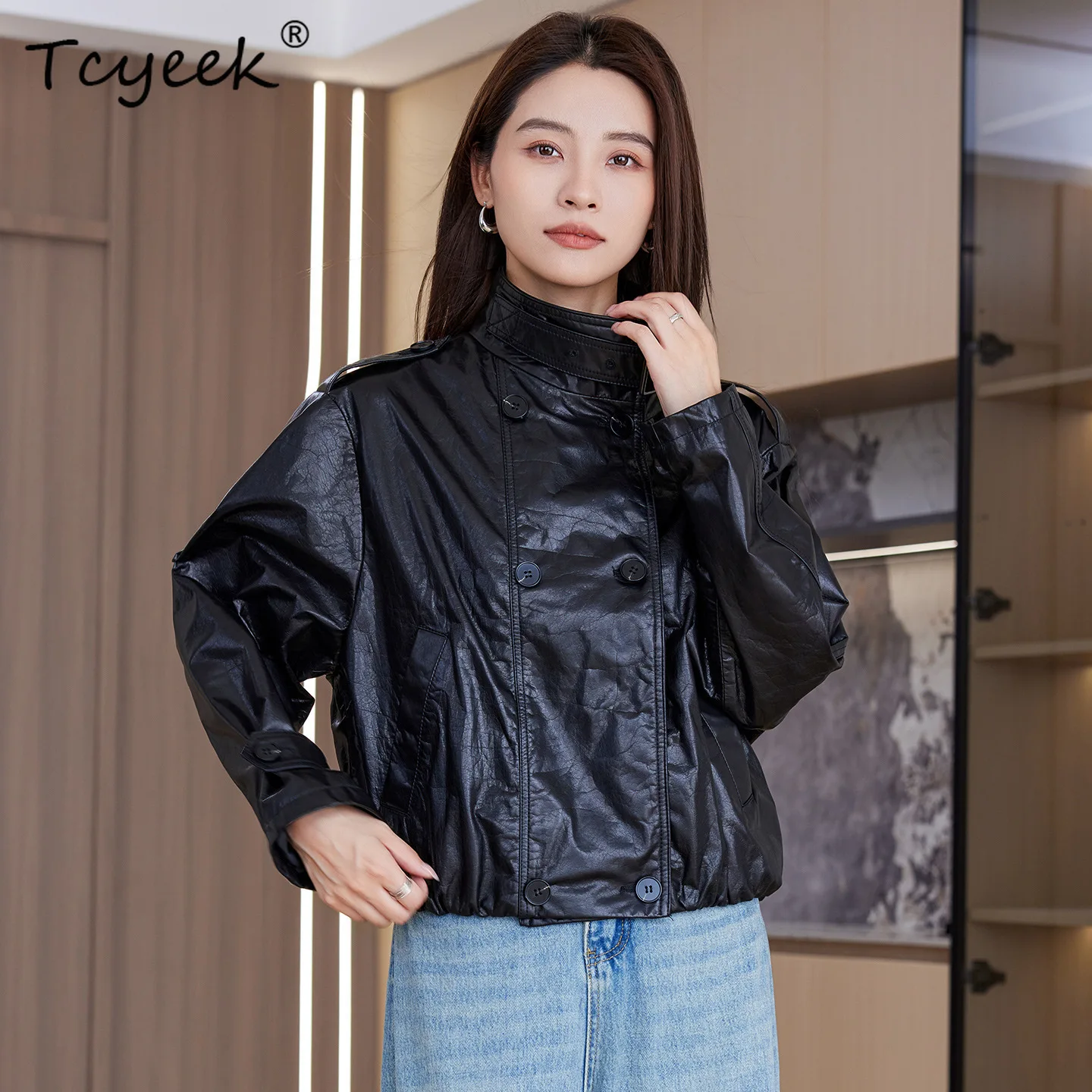 Tcyeek جلد الغنم الحقيقي سترة جلدية حقيقية ملابس حريمي معطف ربيع الخريف النفط الشمع المرأة معاطف فضفاضة تناسب Jaqueta De Couro #1