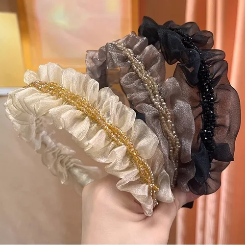 Diadema con aros de malla de temperamento para mujer, bandas de cristal para el cabello para niñas, pinzas para el cabello para lavarse la cara, nuevos accesorios para el cabello