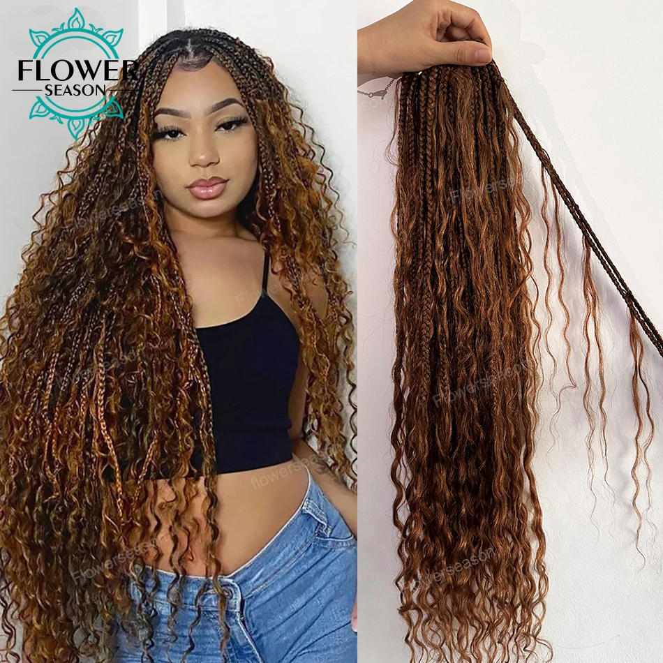 Crochet Boho Box Braids With Human Hair Curls #27 Honey Blonde Brown Pre Looped Crochet Hair with Deep Wave Human Hair Ends