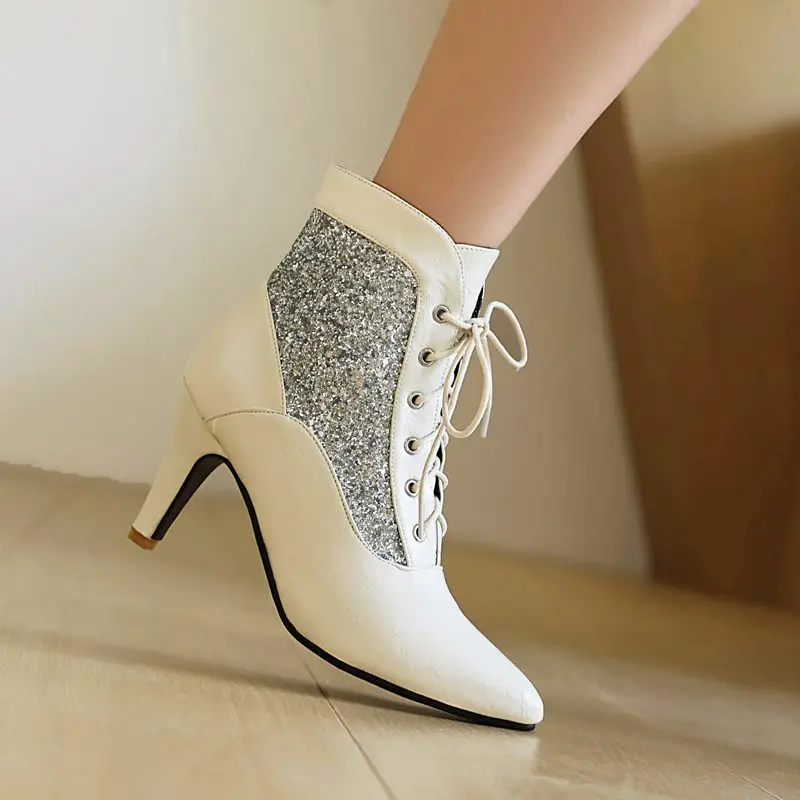 

SIMLOVEYO женские ботильоны с острым носком на тонком каблуке 8,5 см, на шнуровке, разноцветные, 45, 46, 47, модные повседневные ботинки