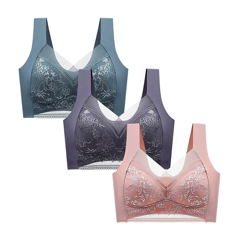 FallSweet 3PCS krajkové push-up podprsenky pro ženy sexy bezdrátová podprsenka ledově hedvábná hluboké V braletka topy dámské spodní prádlo maminka spodní prádlo L-5XL - náhled 3