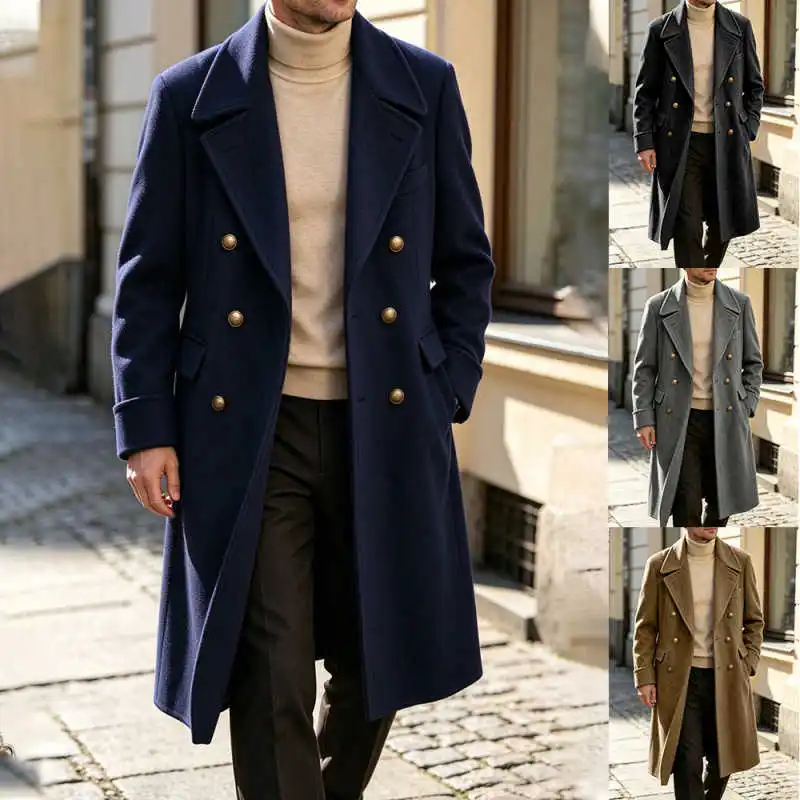 Simple Mens Overcoat Peak Lapel Double Breasted Back Strap Winter Outerwear For Formal Dinner Party Business Travel Customized