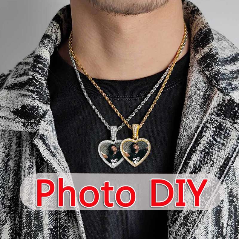 

Photo Customized Heart Pendant Necklace W 24Inch Chain Personalized Necklace Diy Private Custom Photo Men's Hip Hop Jewelry Gift