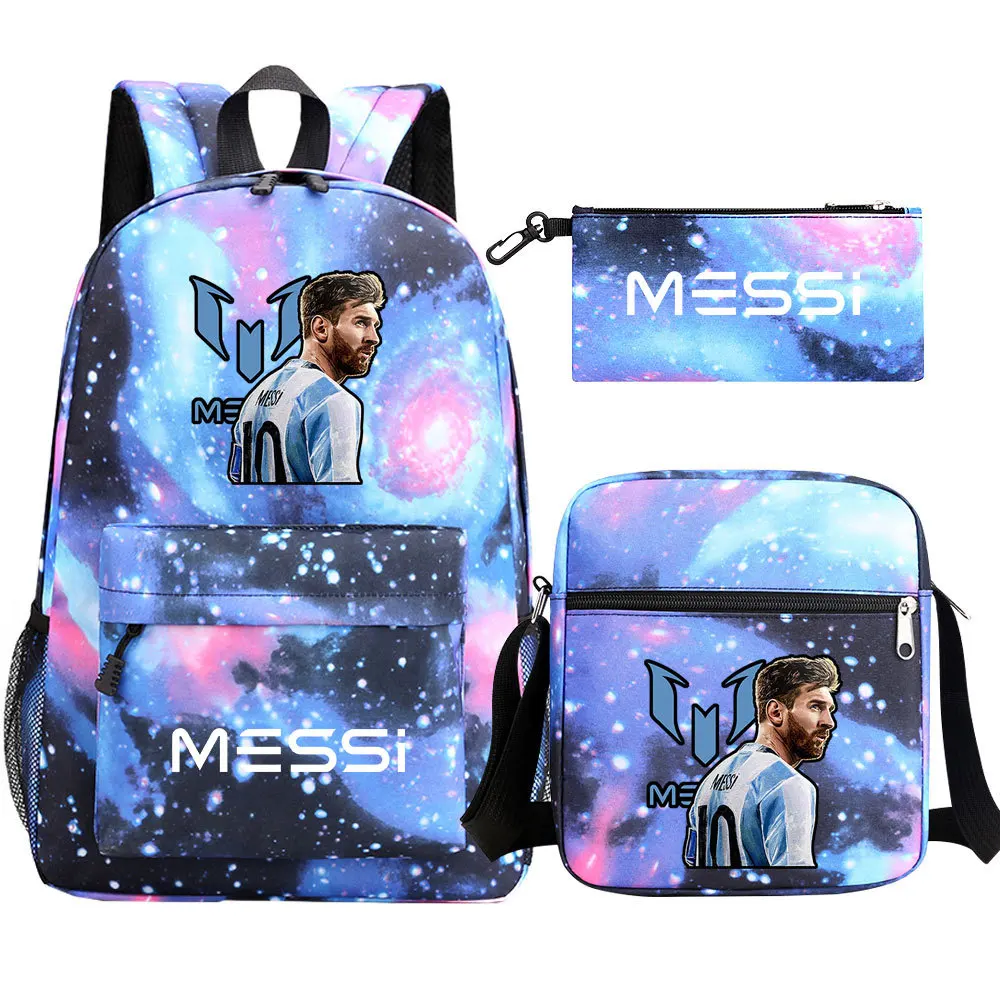 Mochila de fútbol de 3 piezas para niños y mujeres, morral escolar con diseño de superestrellas, Messi, ideal para viaje, portátil, estudiantes