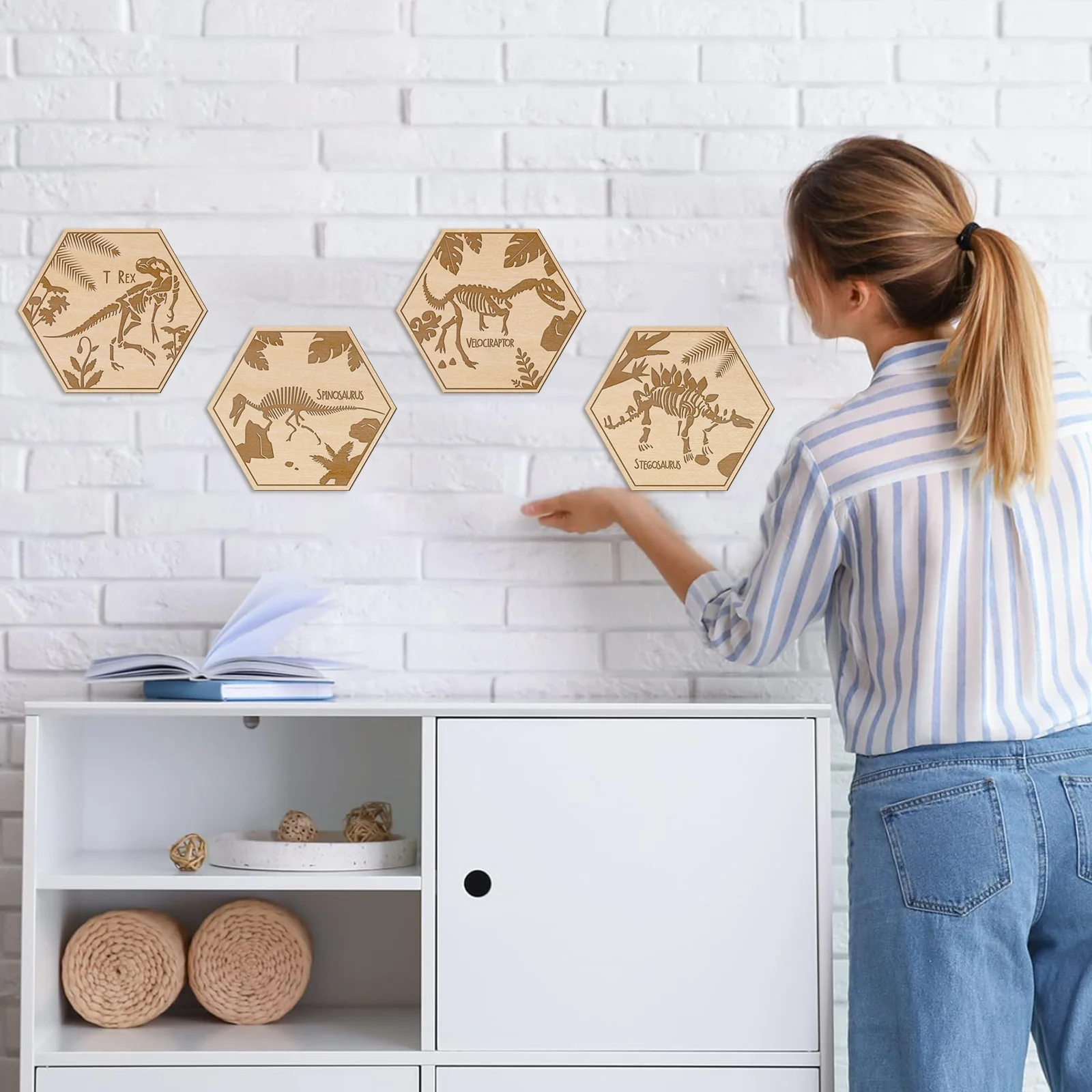 

4 Pcs Dinosaur Wall Art Hexagon Wooden Decor - Laser Engraved Nursery, Playroom, Classroom Decoration (13x15cm)