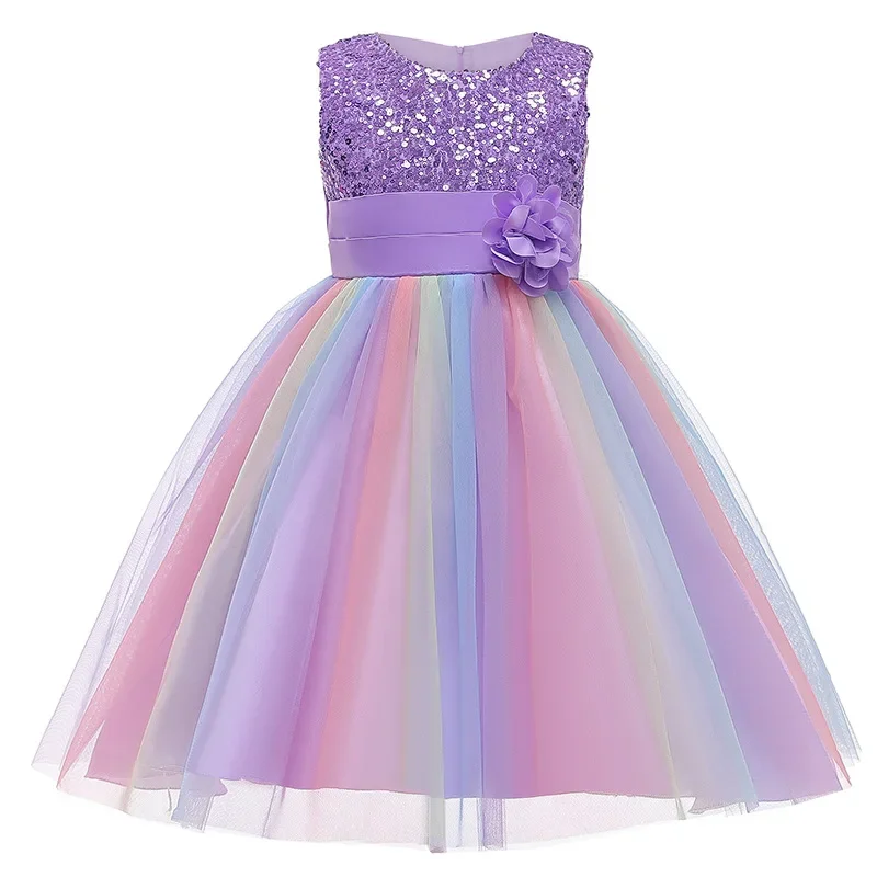 Robe de princesse à fleurs à paillettes pour filles, nœud à la mode, dentelle colorée, maille, carnaval, fête d'anniversaire, performance, 3-12 ans