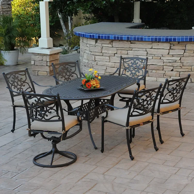 for Outdoor Cast Aluminum Oval Long Dining Table Set with Chairs Large Garden Villa Courtyard Open Air Leisure Furniture Sun