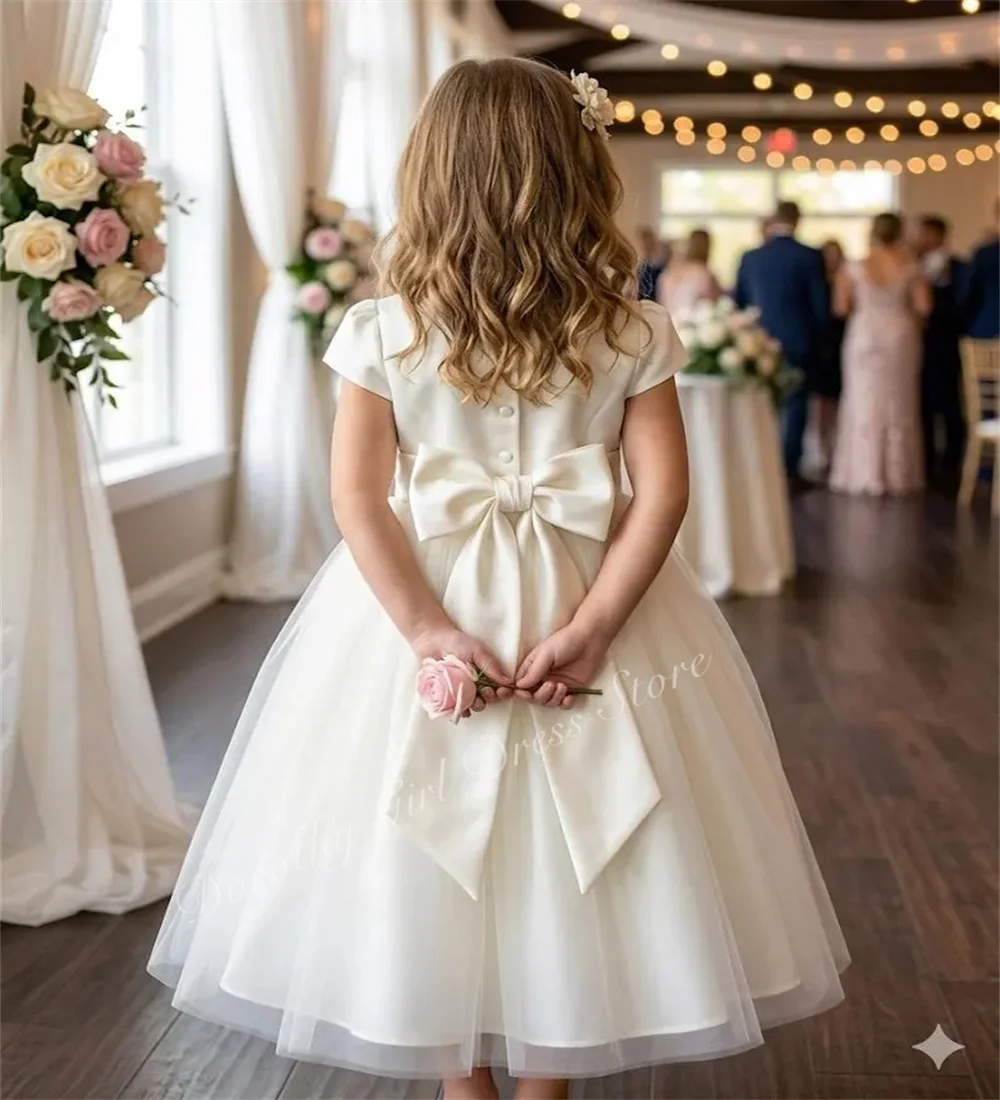 White Elegant Children's Dress Short Sleeved Round Neck Bow Little Girl Birthday Party Banquet Wedding Bridesmaid Dress