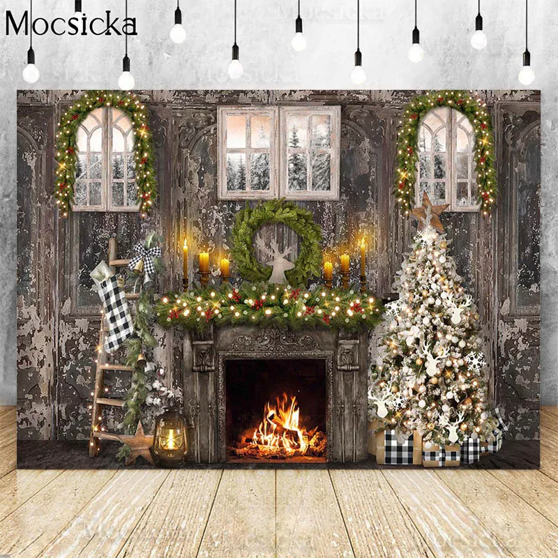 

Christmas Fireplace Backdrops For Photography Retro Wooden Wall Xmas Tree Window Decor Kids Family Portrait Background Photocall