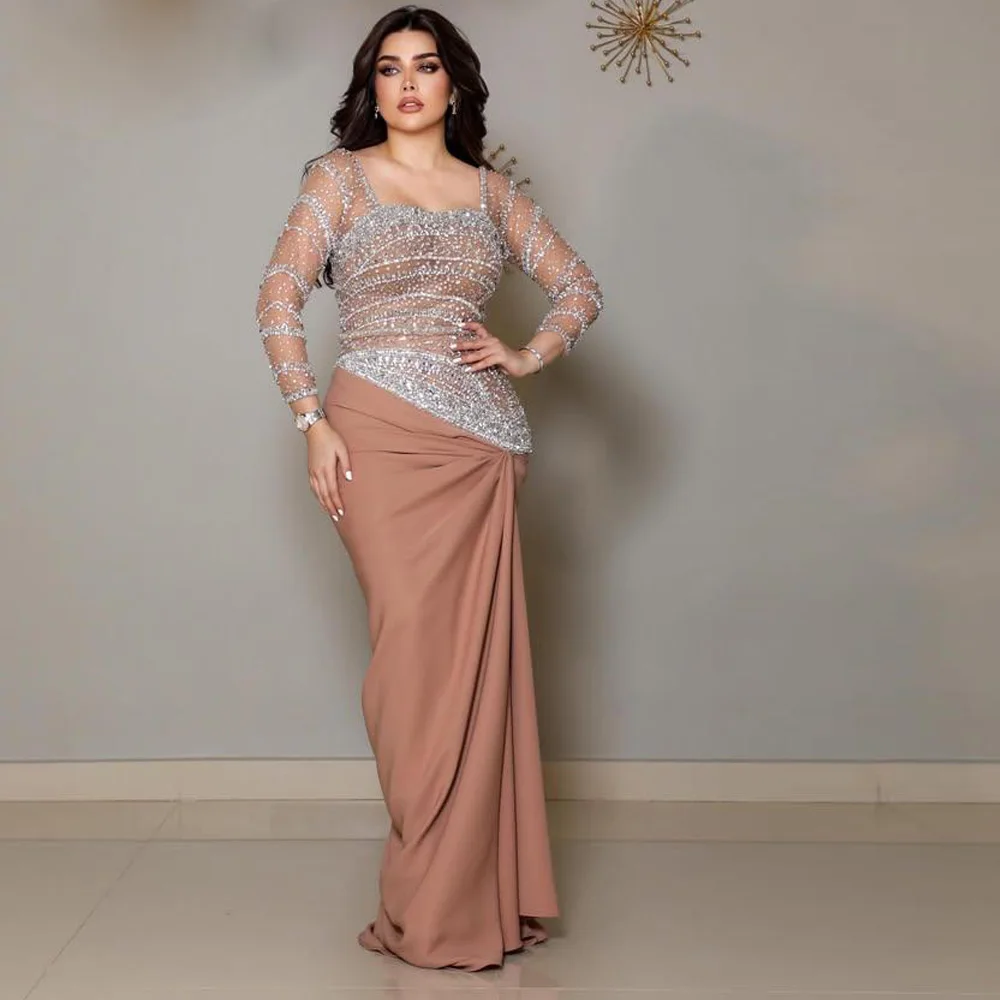 Customized Stunning Beaded Embellished Evening Dress Chiffon Patchwork Special Occasion Dress Mesh Sleeve Fitted Guest Outfit