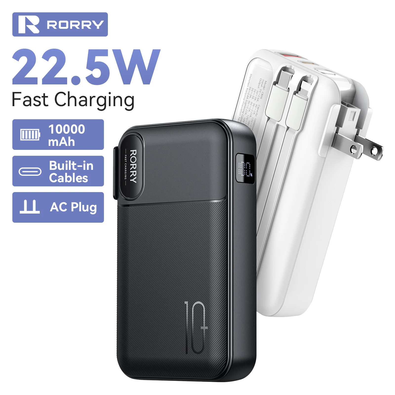 

RORRY 10000mAh Power Bank 22.5W Fast Charging Portable Charger with Built-in Cable and AC Plug for iPhone Apple Watch AirPods