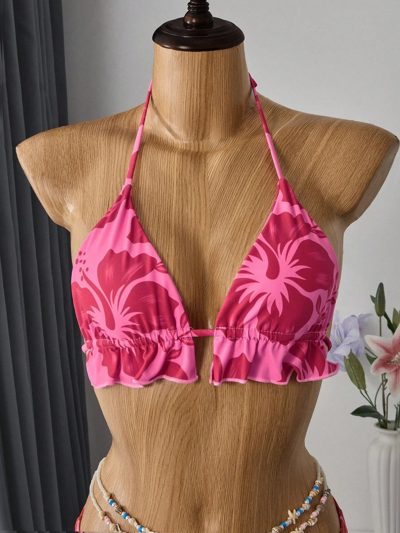 

Pink Floral Print Halter Bikini Set With Beach Skirt 3 Piece