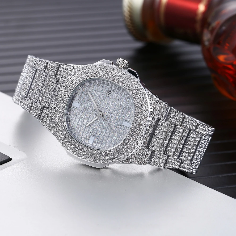 

1pcs diamond studded waterproof watch alloy set, fashionable and trendy quartz calendar watch