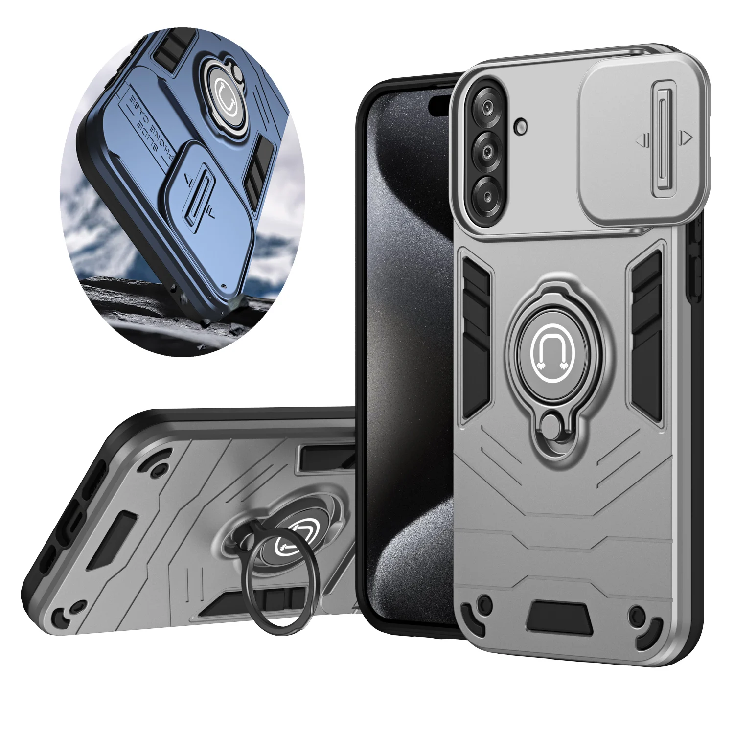 Sliding Window Metal Finger Holder Case for Samsung Galaxy A17 A07 A06 A26 A56 A36 A16 A55 A54 A35 A34 A25 A33 A14 A15 A23 A32