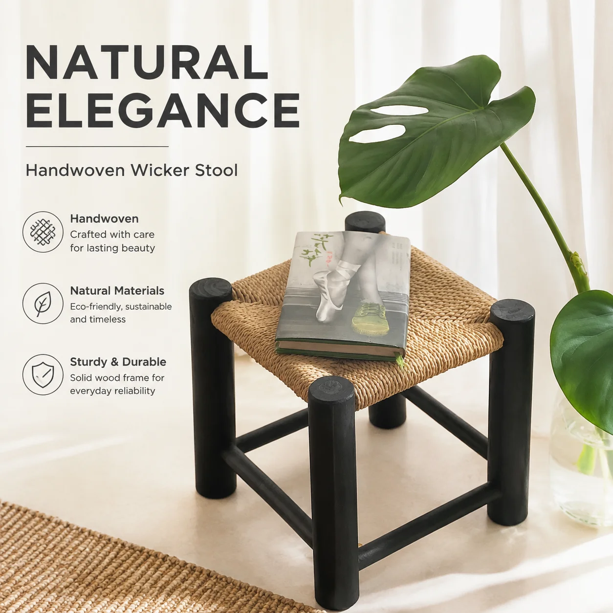 Retro-Style Rattan Stool – Lightweight, Low-Profile Indoor Seat for Living Room or Bedroom