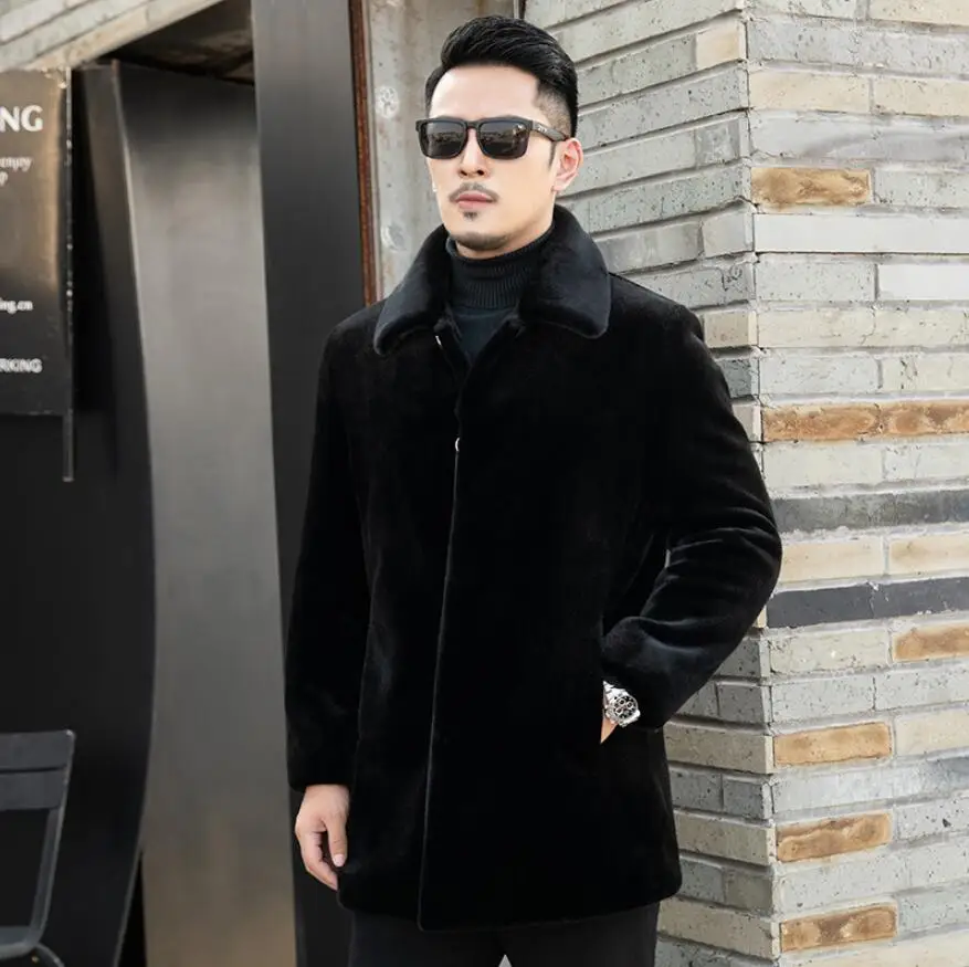 Men's Faux Fur Mink Fur Coat Whole Winter New High-End Imitation Thickened Long Middle-Aged Jacket Black Thicken Coat