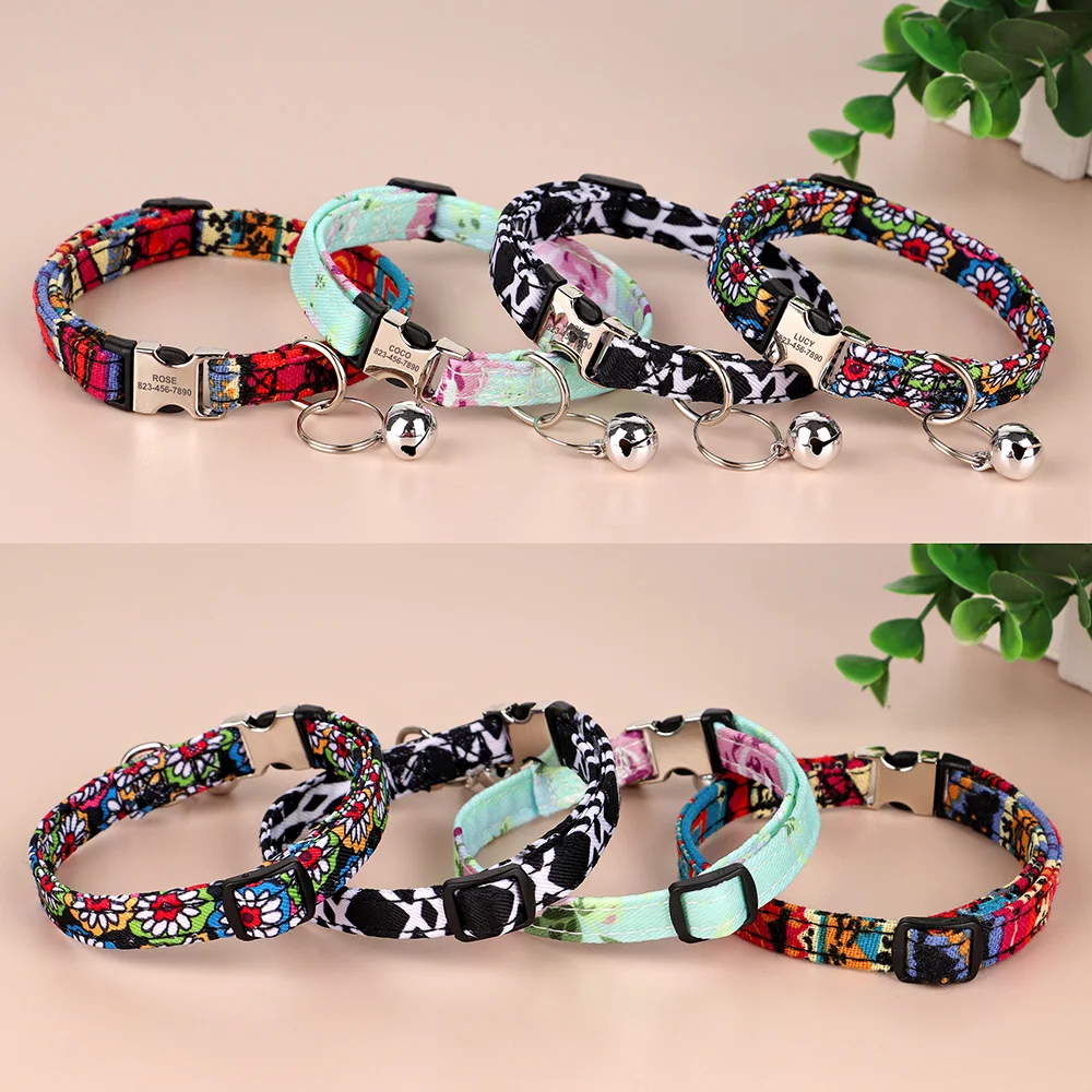 Print Custom Cat Collar Personalized Kitten Cats Collars With Bell Free Engraving Buckle Necklace Adjustable for Cats Small Dogs