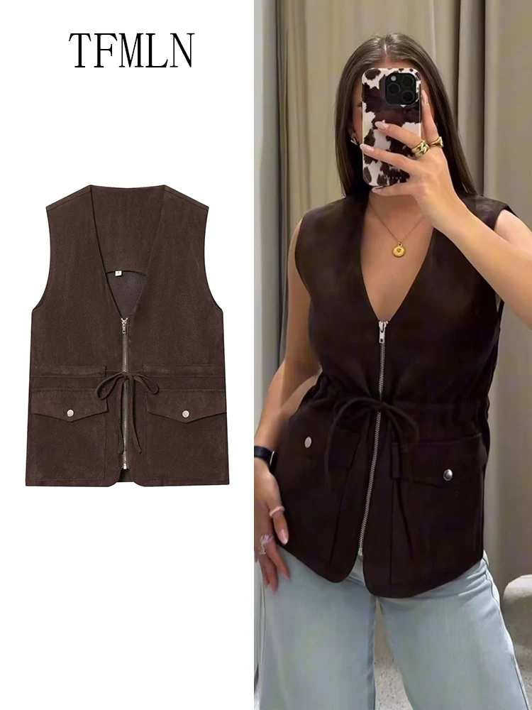 

Осень 2024, женский жилет на шнурке, пальто в стиле ретро, шикарные уличные куртки без рукавов с v-образным вырезом, модная повседневная верхняя одежда на молнии, топы