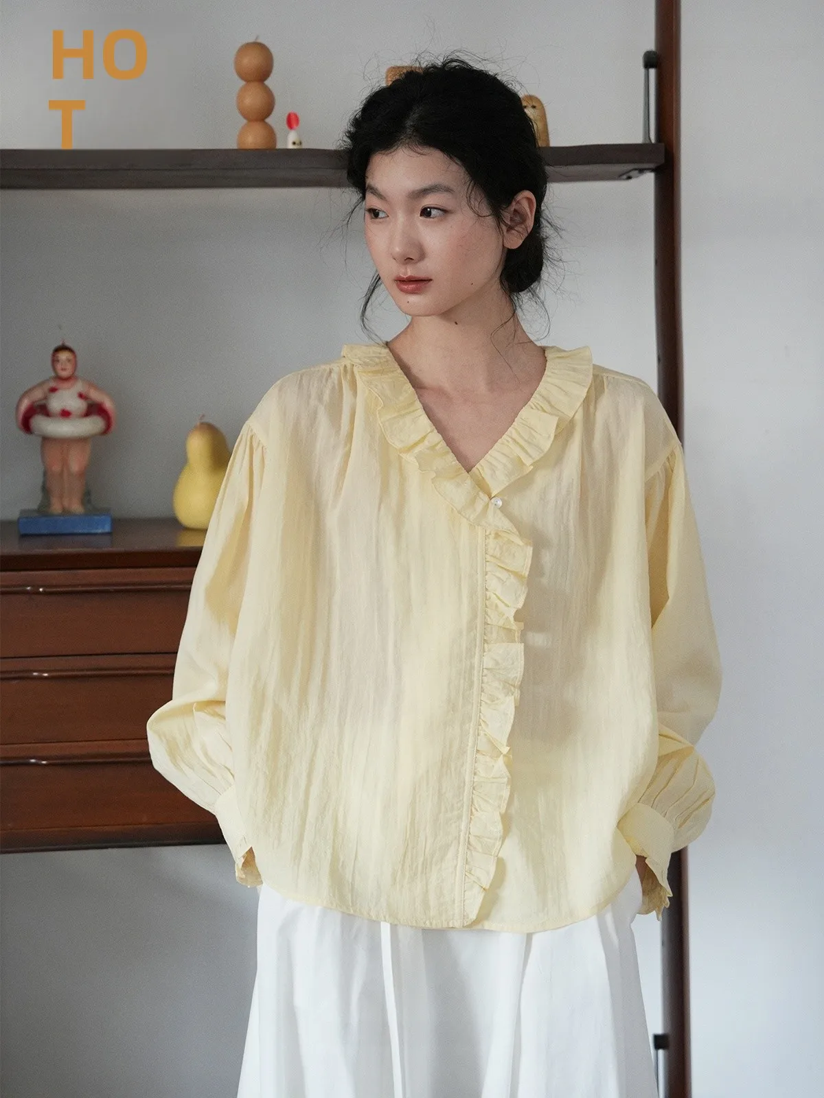 

Женская рубашка с длинным рукавом из модала и нейлоновой смеси, коллекция «Жасминовый Ветряной Колокольчик», ранняя весна 2026, элегантная, свободного кроя, дышащая, тонкая