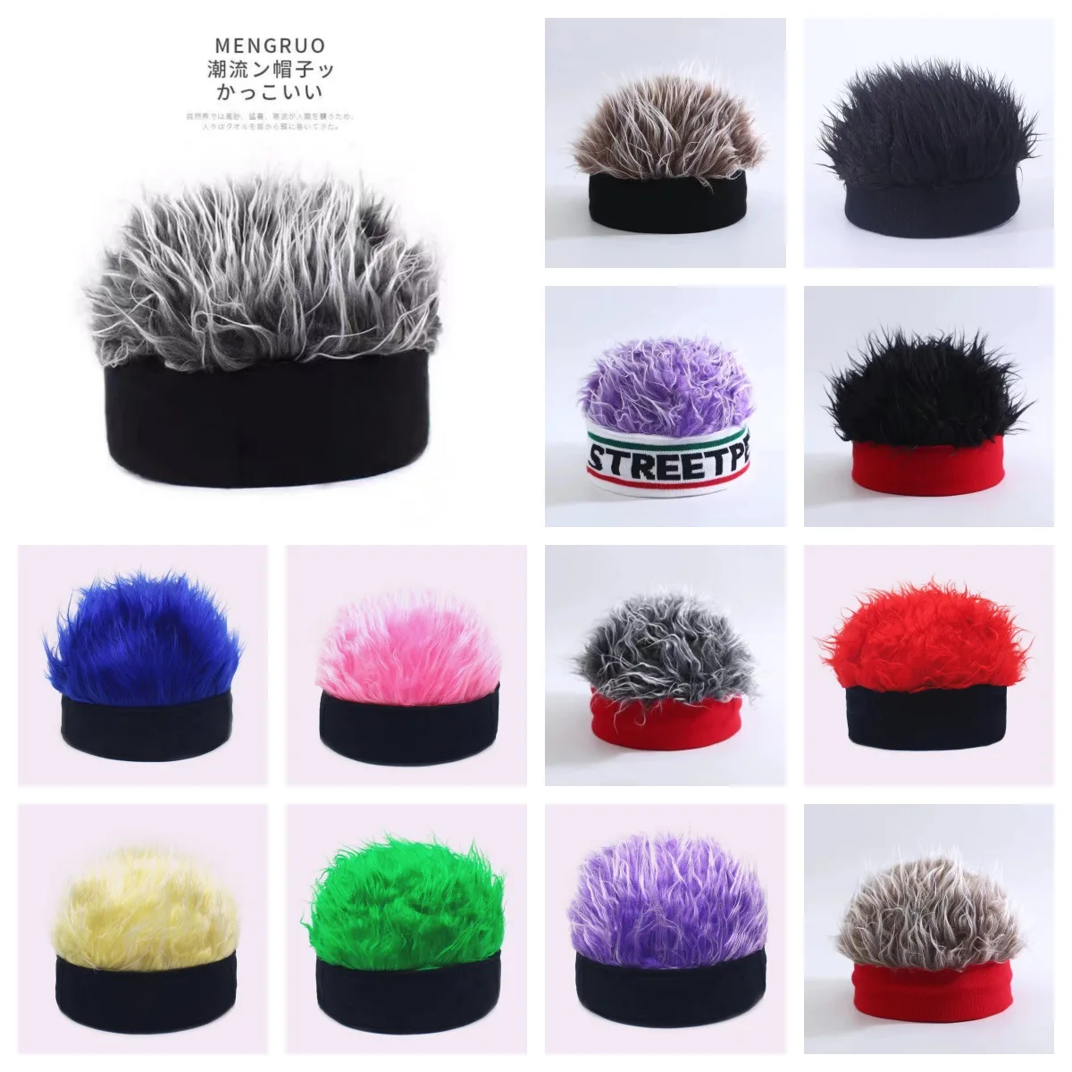 

2025 hot selling autumn and winter one-piece wig hat for men and women, hip-hop retro street parody, brimless trendy knitted hat
